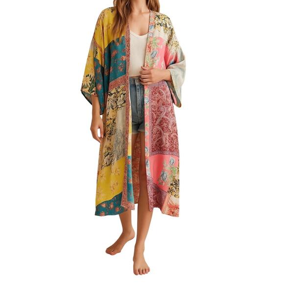 Free People Patchwork Love Robe Kimono Duster Western Boho Coverup Festival M/L - Picture 2 of 16